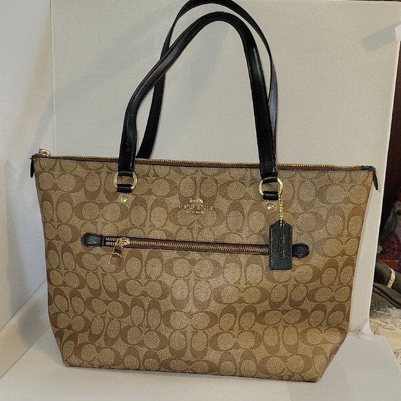 Coach Handbags - COACH Signature Coated Canvas Khaki Tan and Black Signature Tote